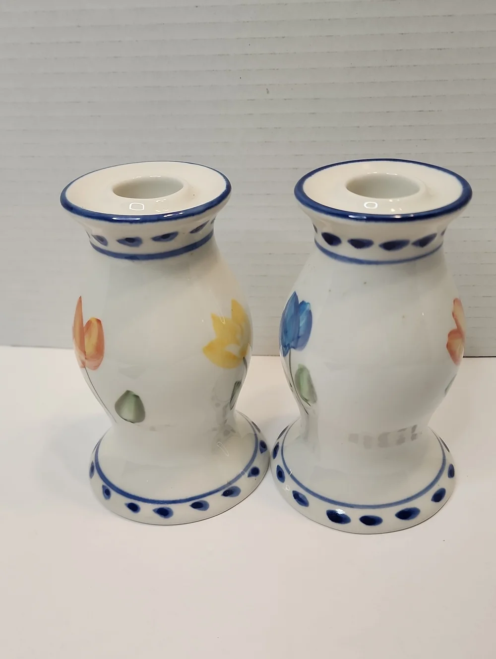 Pair Of Hand-Painted Floral Tulip Design Ceramic Candle Holders